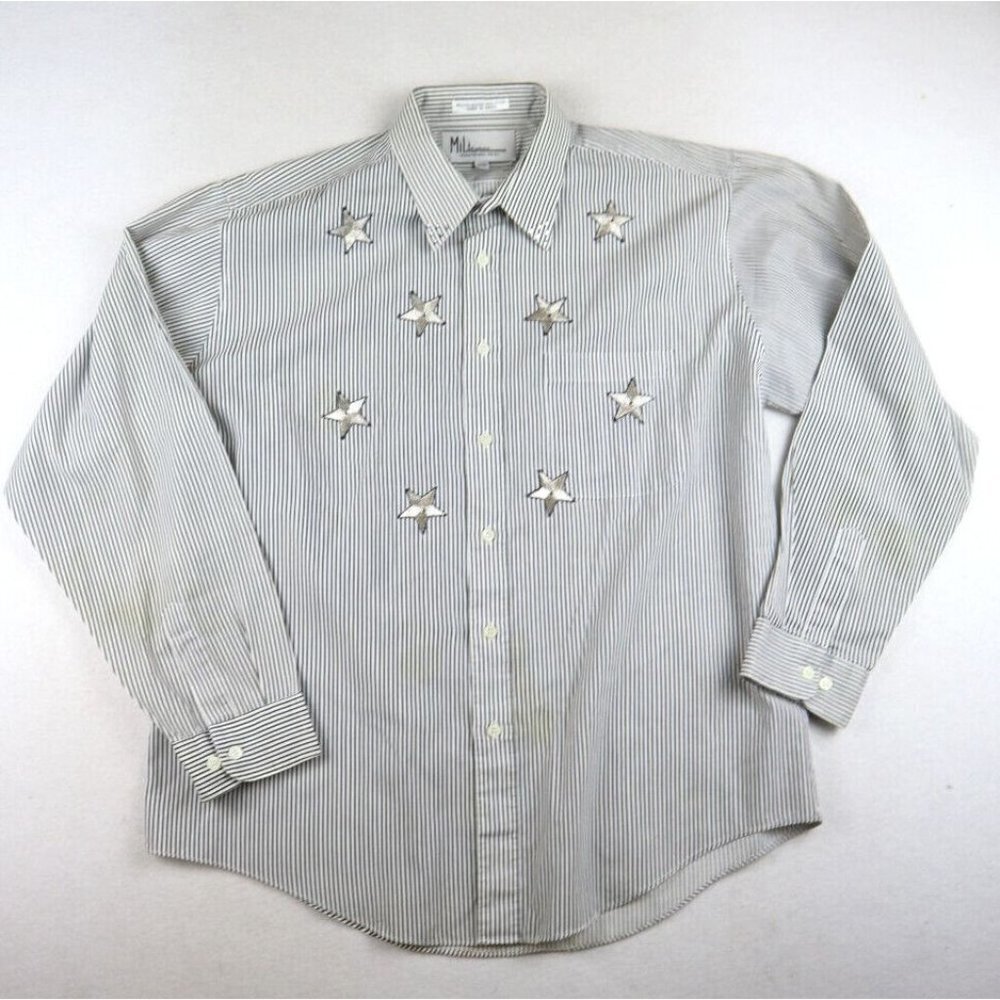 MILI DESIGNS - WOMEN'S GRAY & WHITE STRIPED LONG SLEEVE BUTTON-UP APPLIQUE  - L
